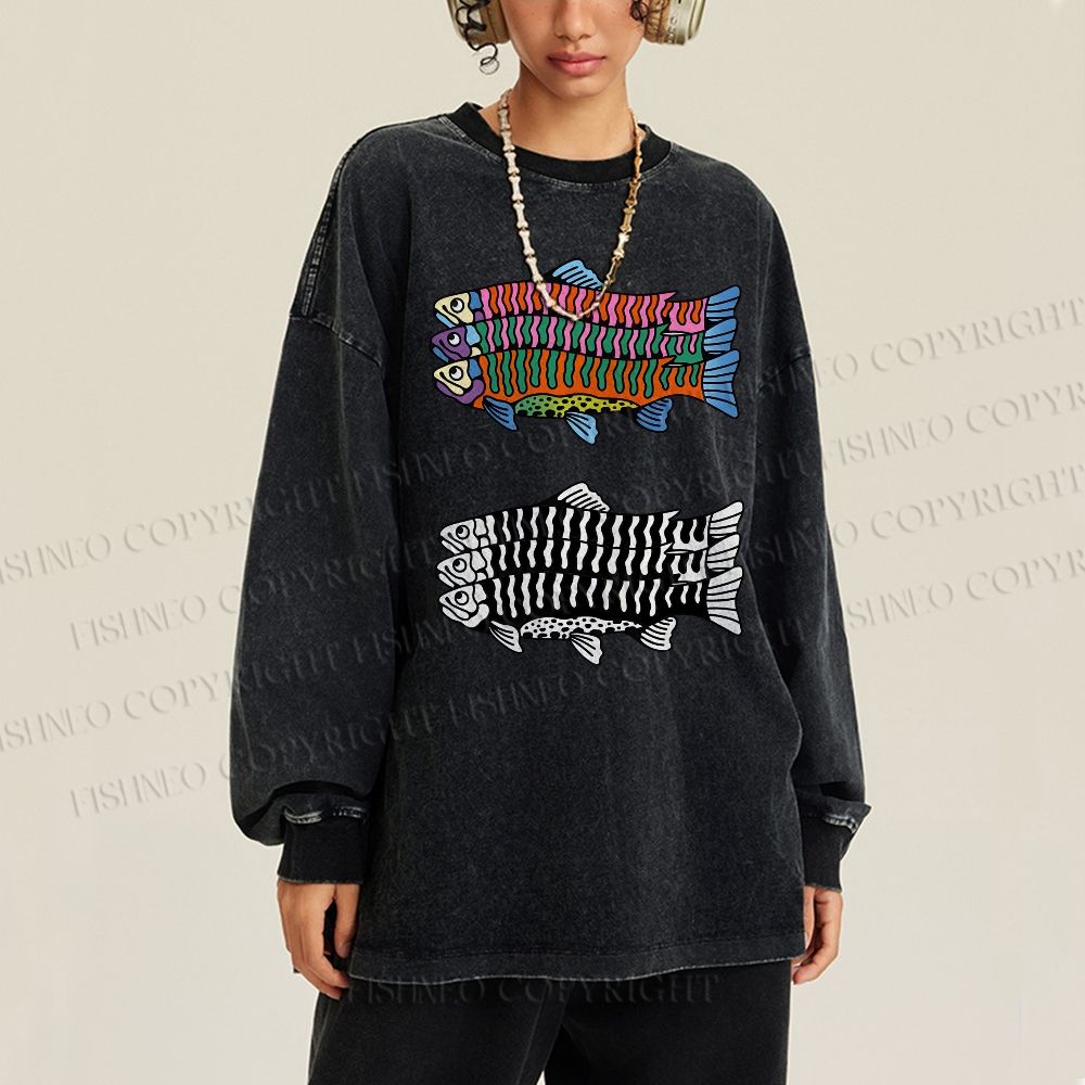 Unisex Casual Washed Colorful Black And White Fish Printed Long Sleeve T-shirt