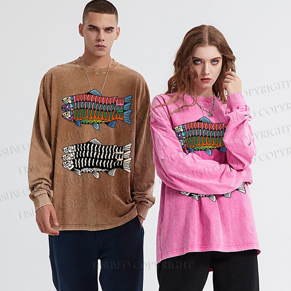 Unisex Casual Washed Colorful Black And White Fish Printed Long Sleeve T-shirt