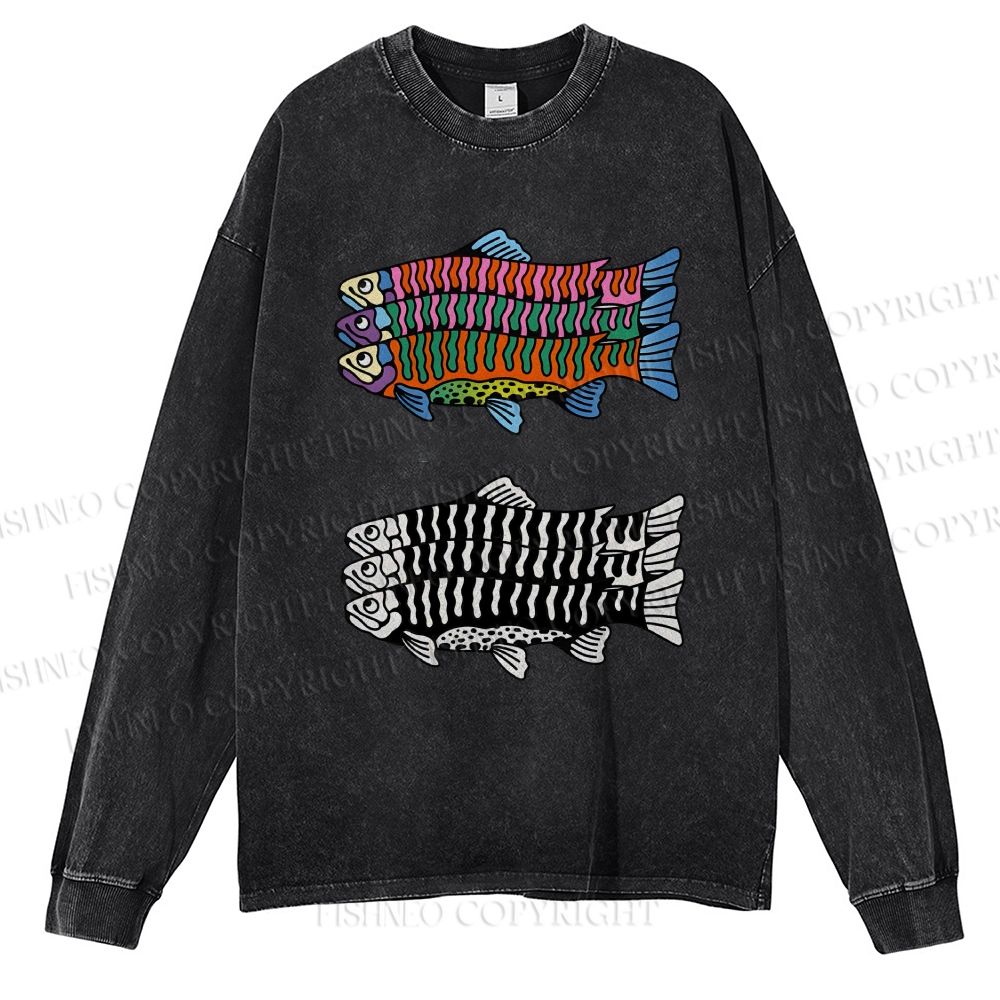 Unisex Casual Washed Colorful Black And White Fish Printed Long Sleeve T-shirt