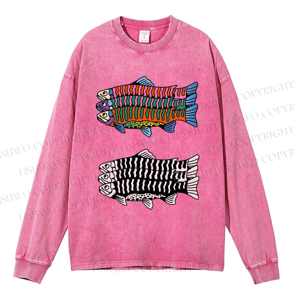 Unisex Casual Washed Colorful Black And White Fish Printed Long Sleeve T-shirt