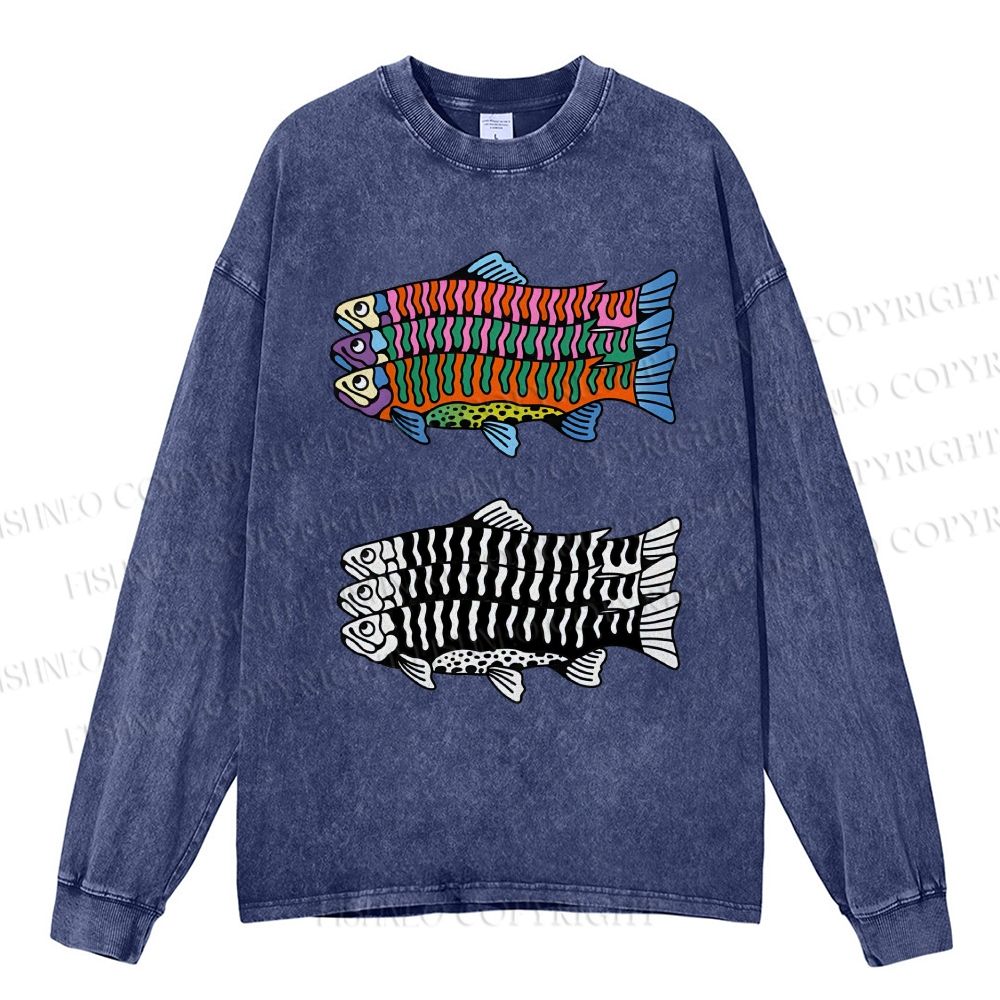 Unisex Casual Washed Colorful Black And White Fish Printed Long Sleeve T-shirt