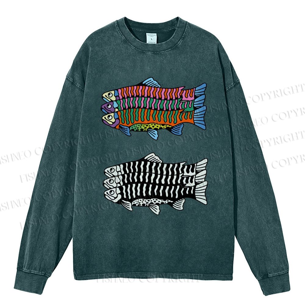 Unisex Casual Washed Colorful Black And White Fish Printed Long Sleeve T-shirt