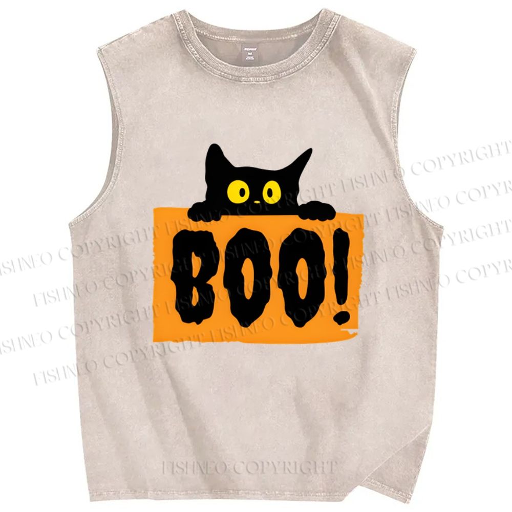 Unisex Cat Boo Printed Washed Tank Top