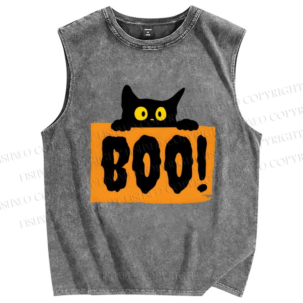 Unisex Cat Boo Printed Washed Tank Top