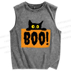 Unisex Cat Boo Printed Washed Tank Top
