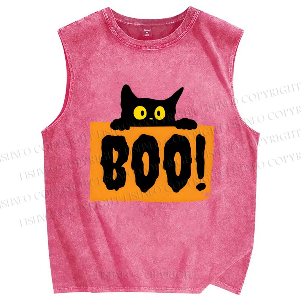 Unisex Cat Boo Printed Washed Tank Top