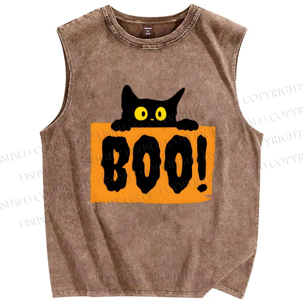 Unisex Cat Boo Printed Washed Tank Top