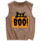 Unisex Cat Boo Printed Washed Tank Top