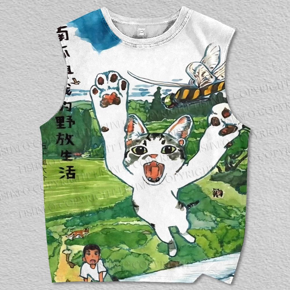 Unisex Japanese Cat Graffiti Printed Tank Top