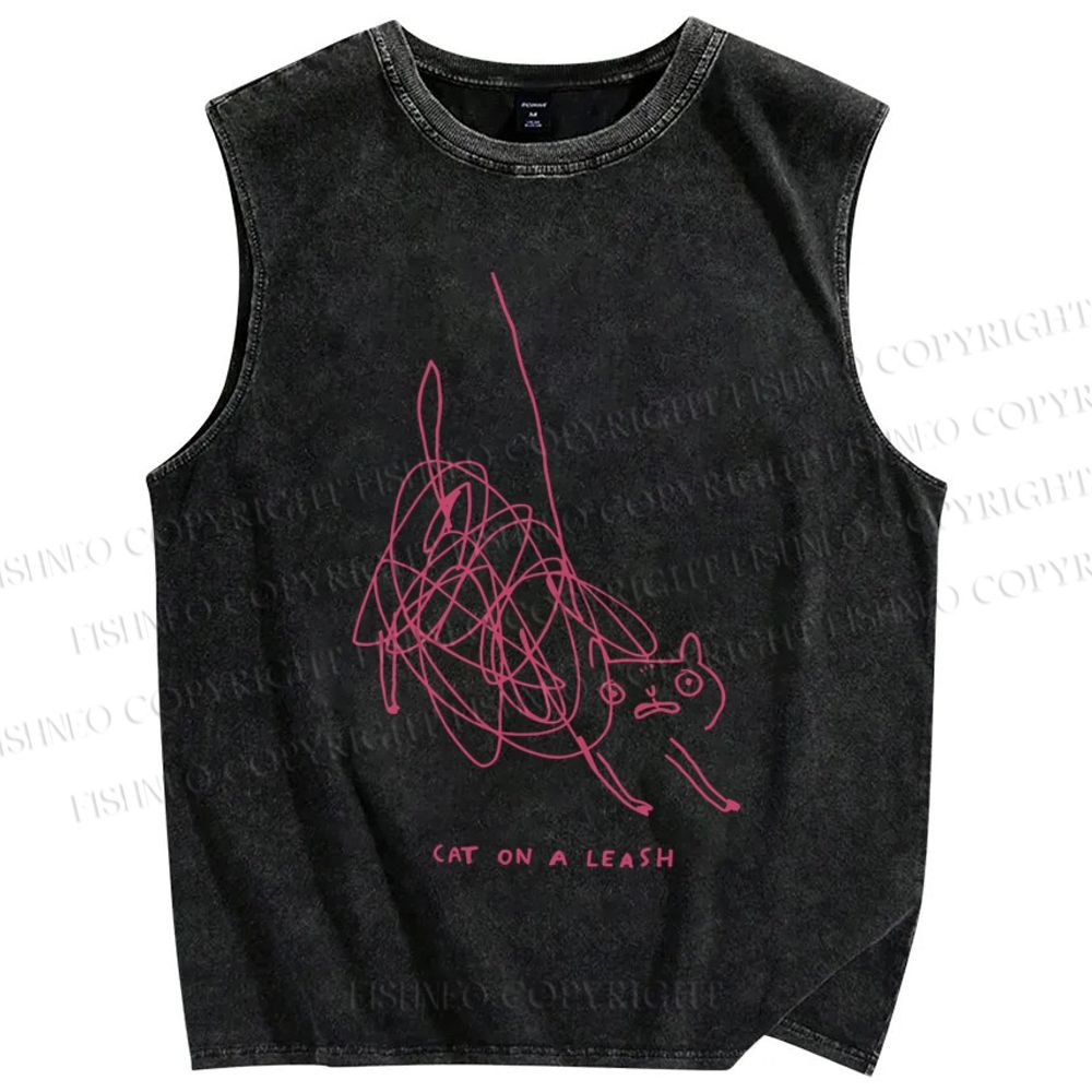 Unisex Line Cat Printed Washed Tank Top