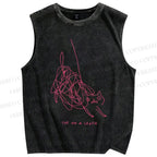 Unisex Line Cat Printed Washed Tank Top