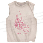 Unisex Line Cat Printed Washed Tank Top