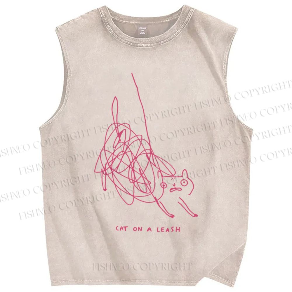 Unisex Line Cat Printed Washed Tank Top