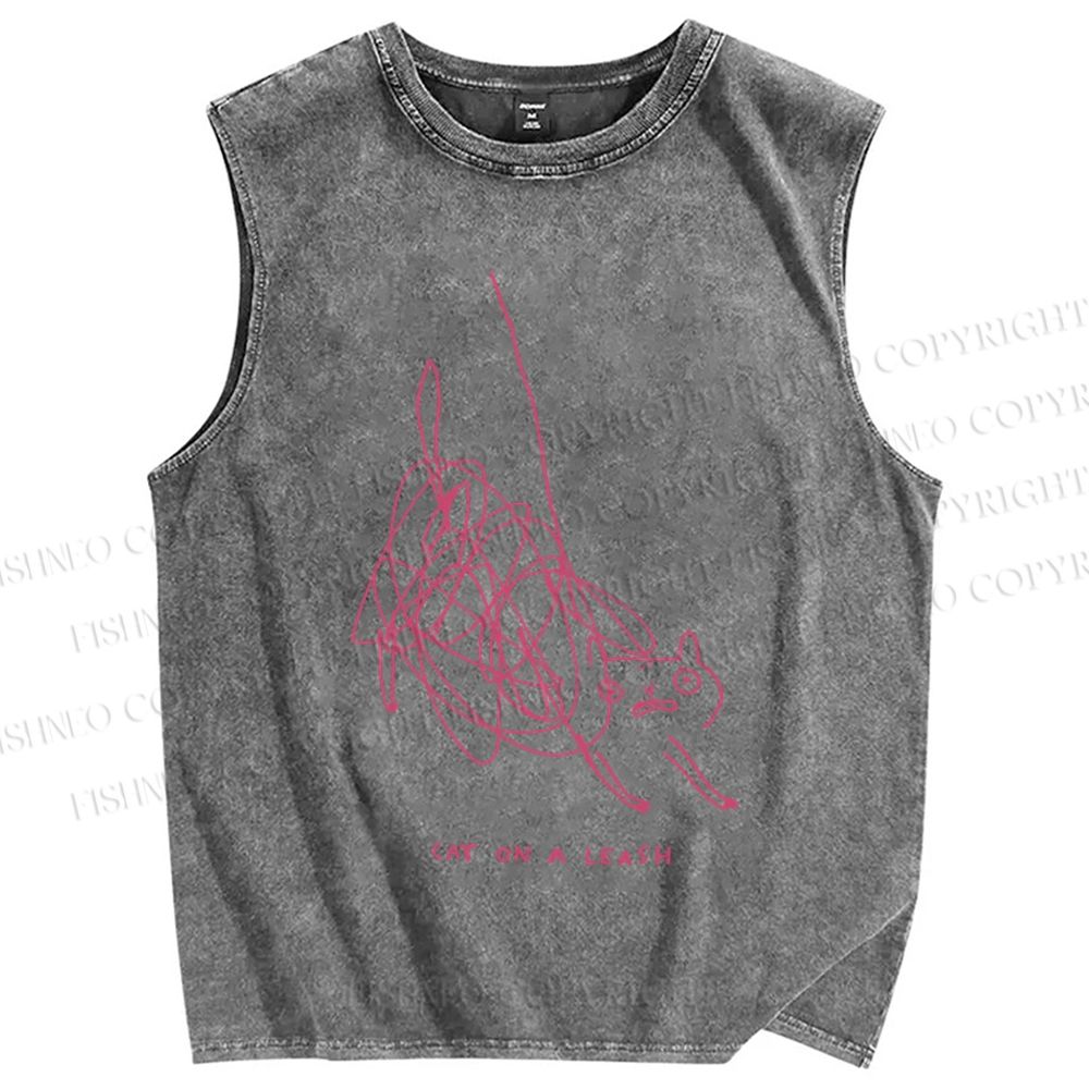 Unisex Line Cat Printed Washed Tank Top