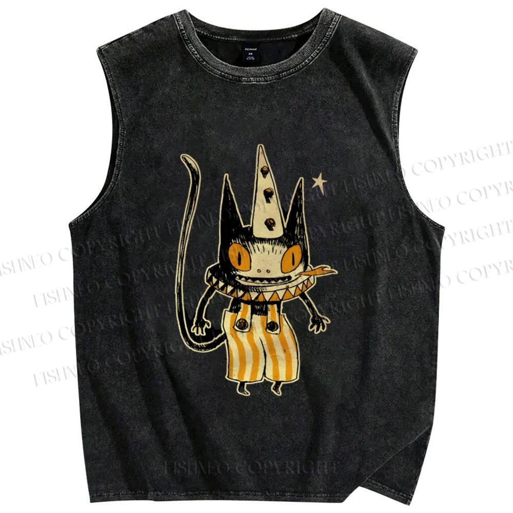 Unisex Vintage Halloween Black Cat Printed Washed Tank Top