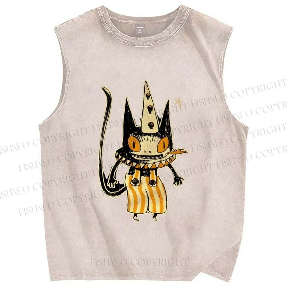 Unisex Vintage Halloween Black Cat Printed Washed Tank Top