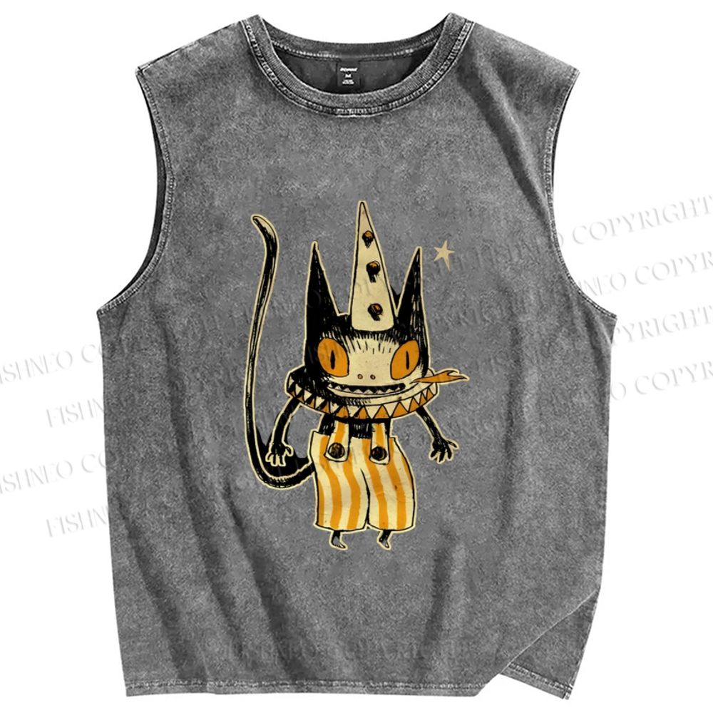 Unisex Vintage Halloween Black Cat Printed Washed Tank Top
