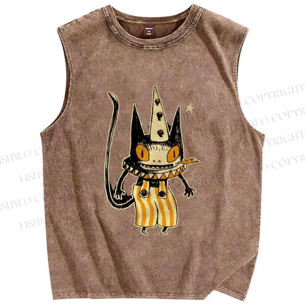 Unisex Vintage Halloween Black Cat Printed Washed Tank Top