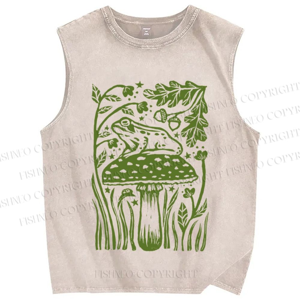 Unisex Vintage Frog Mushroom Printed Washed Tank Top