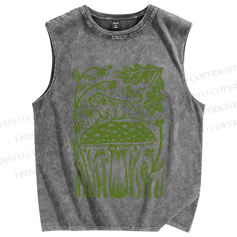 Unisex Vintage Frog Mushroom Printed Washed Tank Top