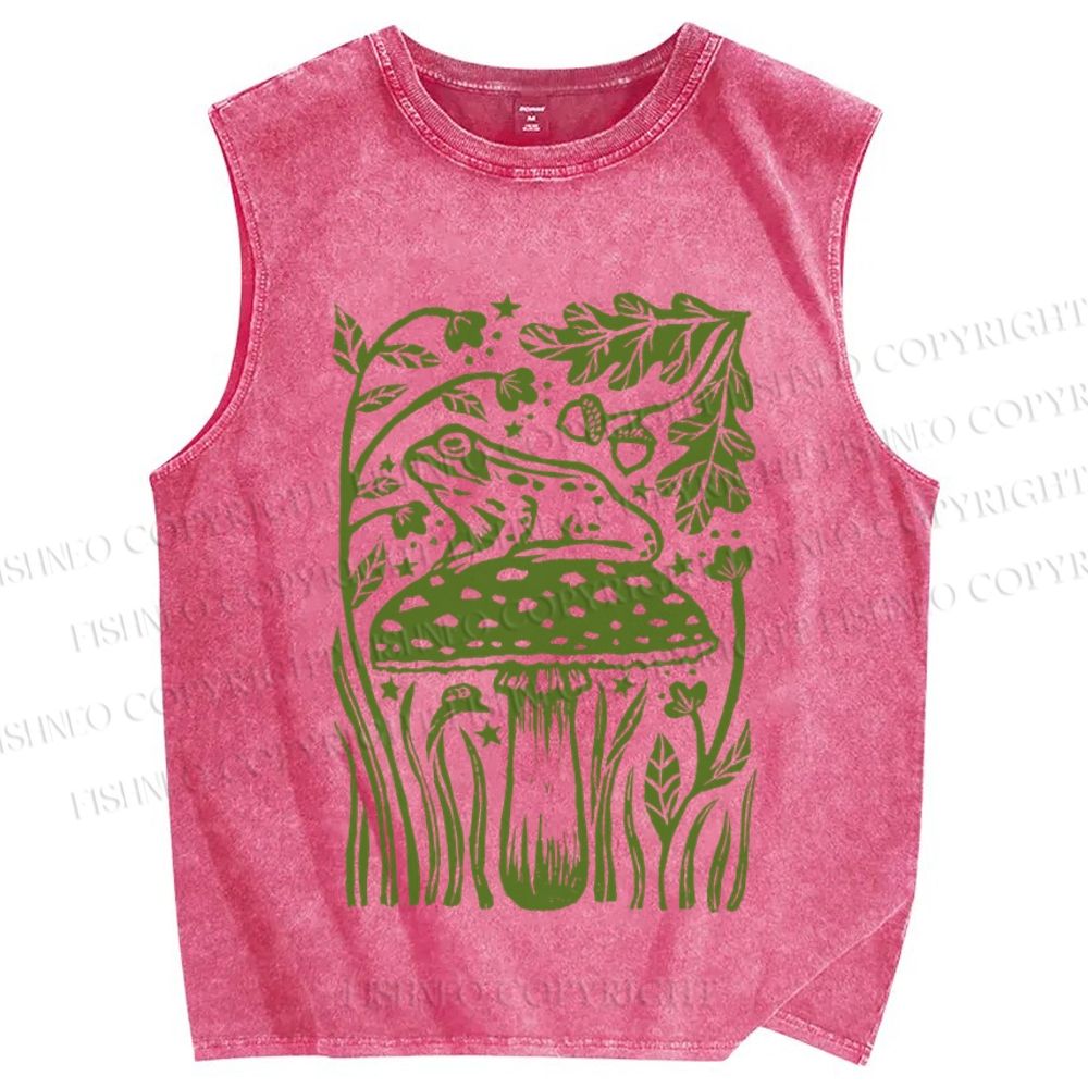 Unisex Vintage Frog Mushroom Printed Washed Tank Top