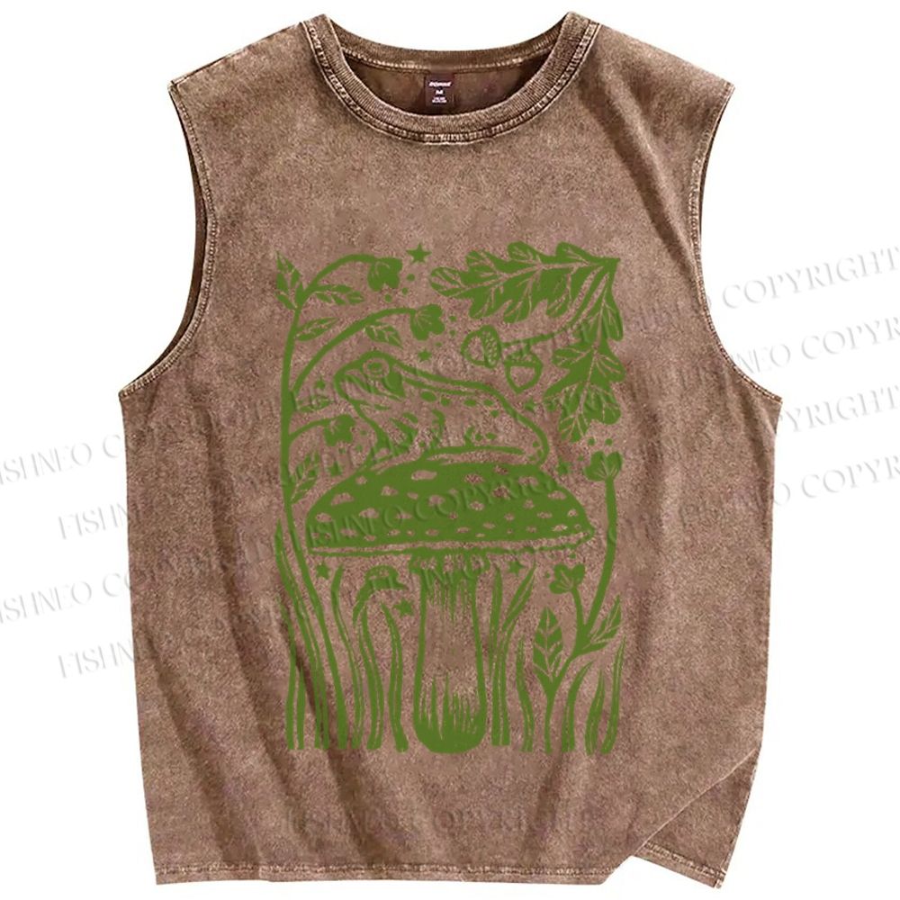 Unisex Vintage Frog Mushroom Printed Washed Tank Top