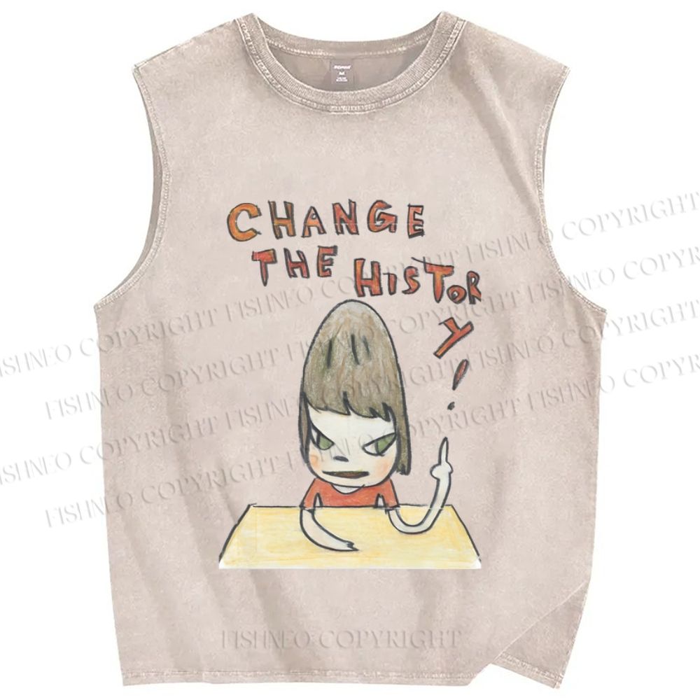 Unisex Japanese Art Yoshitomo Nara Change The History Printed Washed Tank Top
