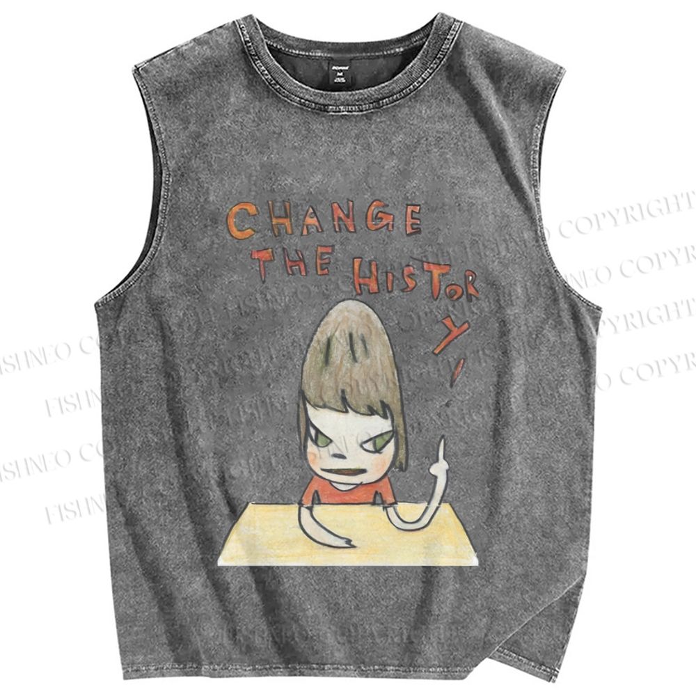 Unisex Japanese Art Yoshitomo Nara Change The History Printed Washed Tank Top