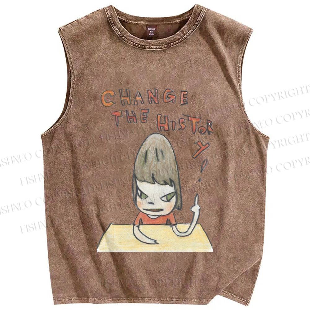 Unisex Japanese Art Yoshitomo Nara Change The History Printed Washed Tank Top