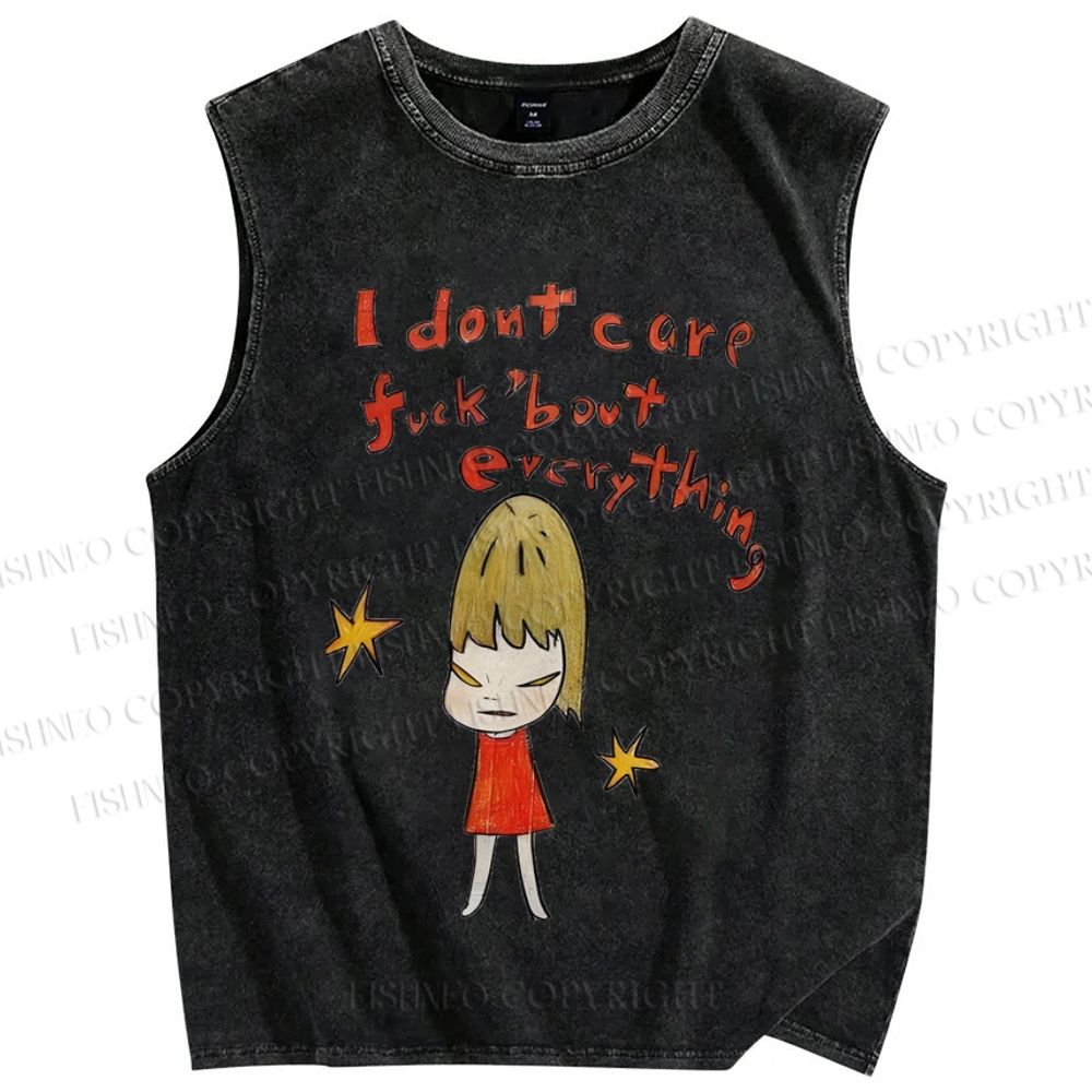 Unisex Japanese Art Yoshitomo Nara I Don't Car About Everything Printed Washed Tank Top