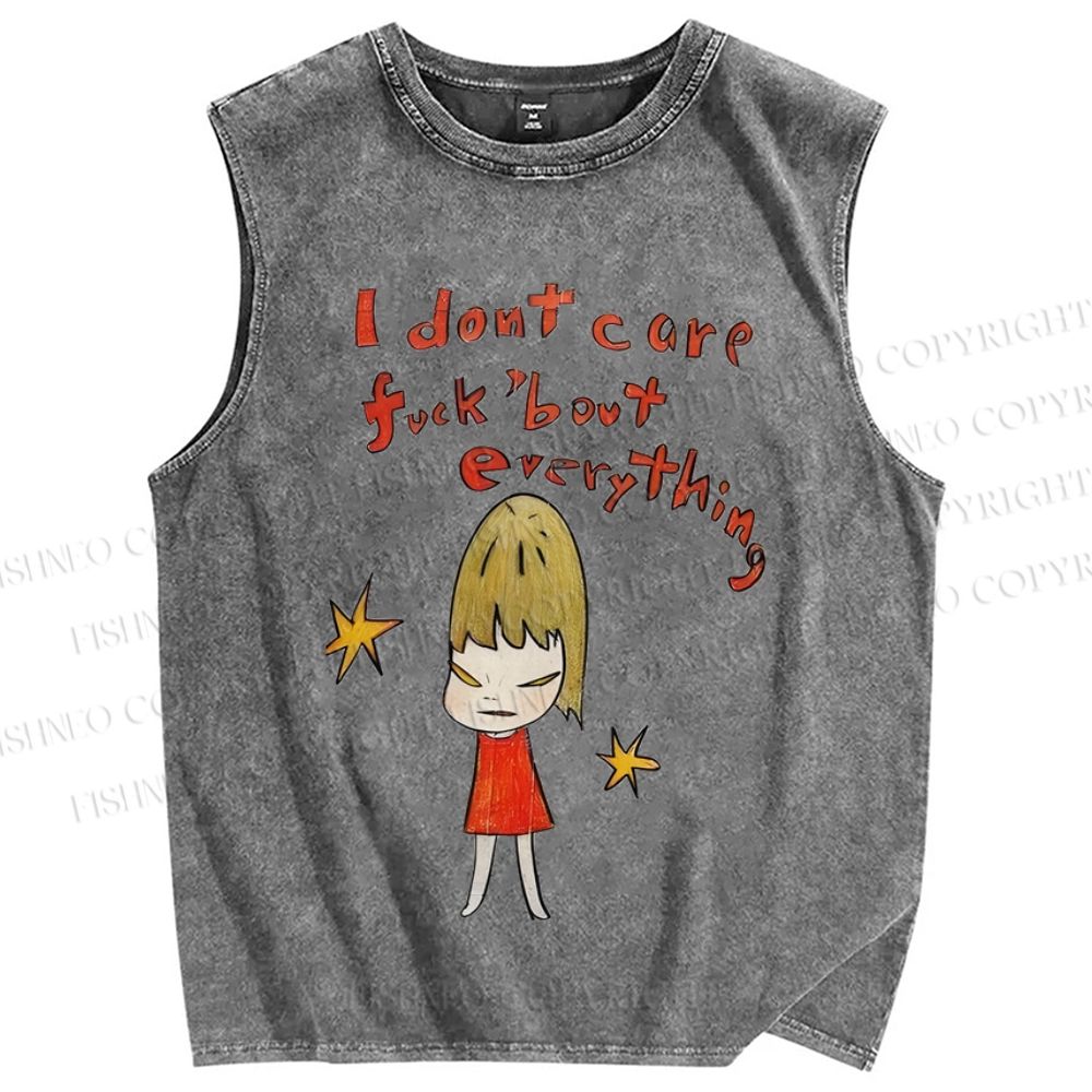Unisex Japanese Art Yoshitomo Nara I Don't Car About Everything Printed Washed Tank Top