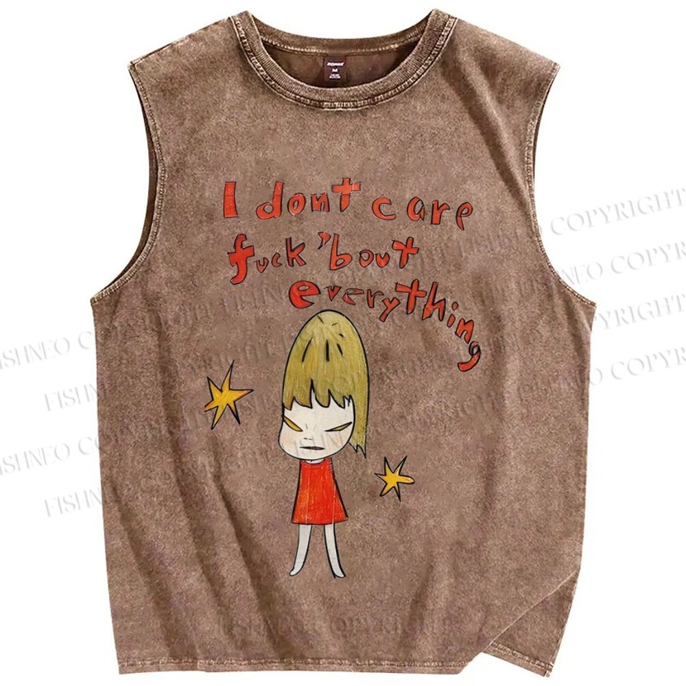 Unisex Japanese Art Yoshitomo Nara I Don't Car About Everything Printed Washed Tank Top