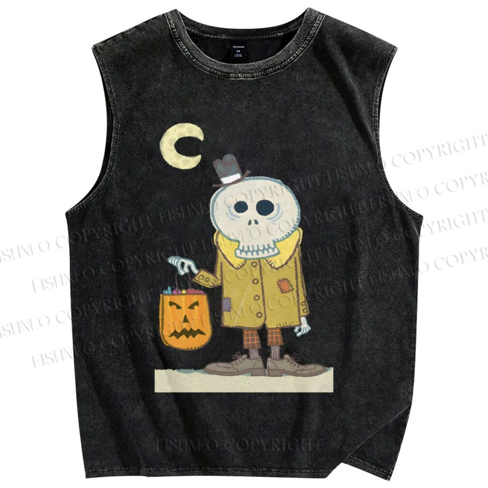 Unisex Vintage Halloween Skull Printed Washed Tank Top