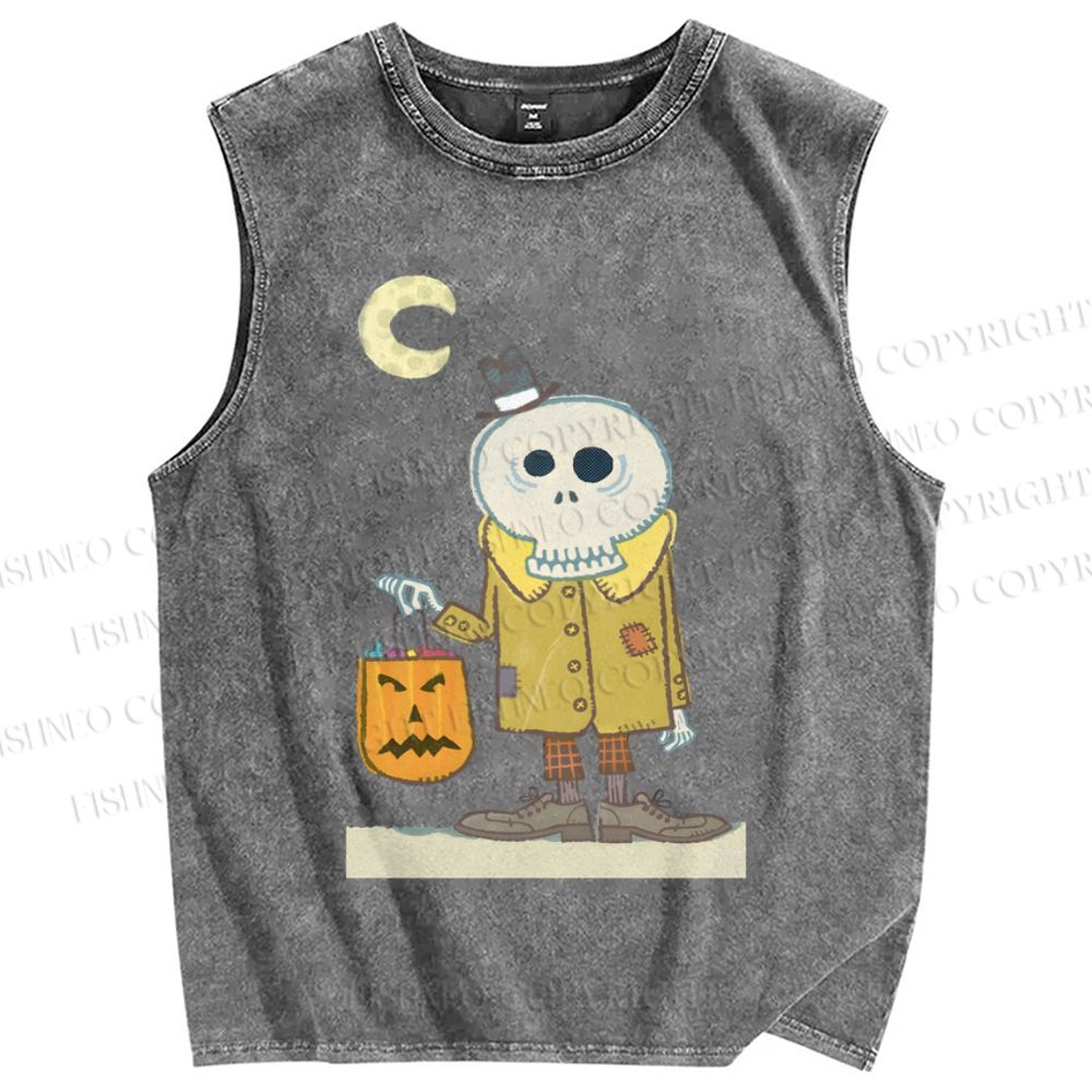 Unisex Vintage Halloween Skull Printed Washed Tank Top