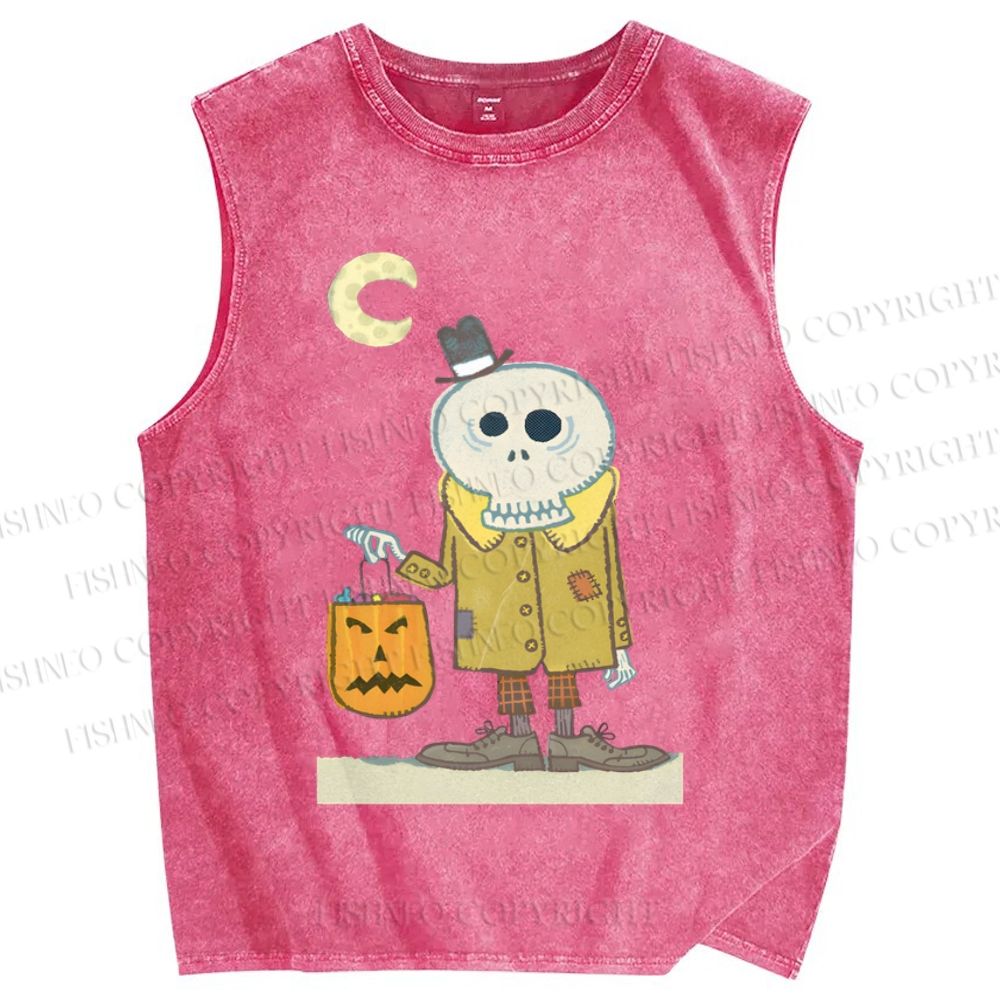 Unisex Vintage Halloween Skull Printed Washed Tank Top