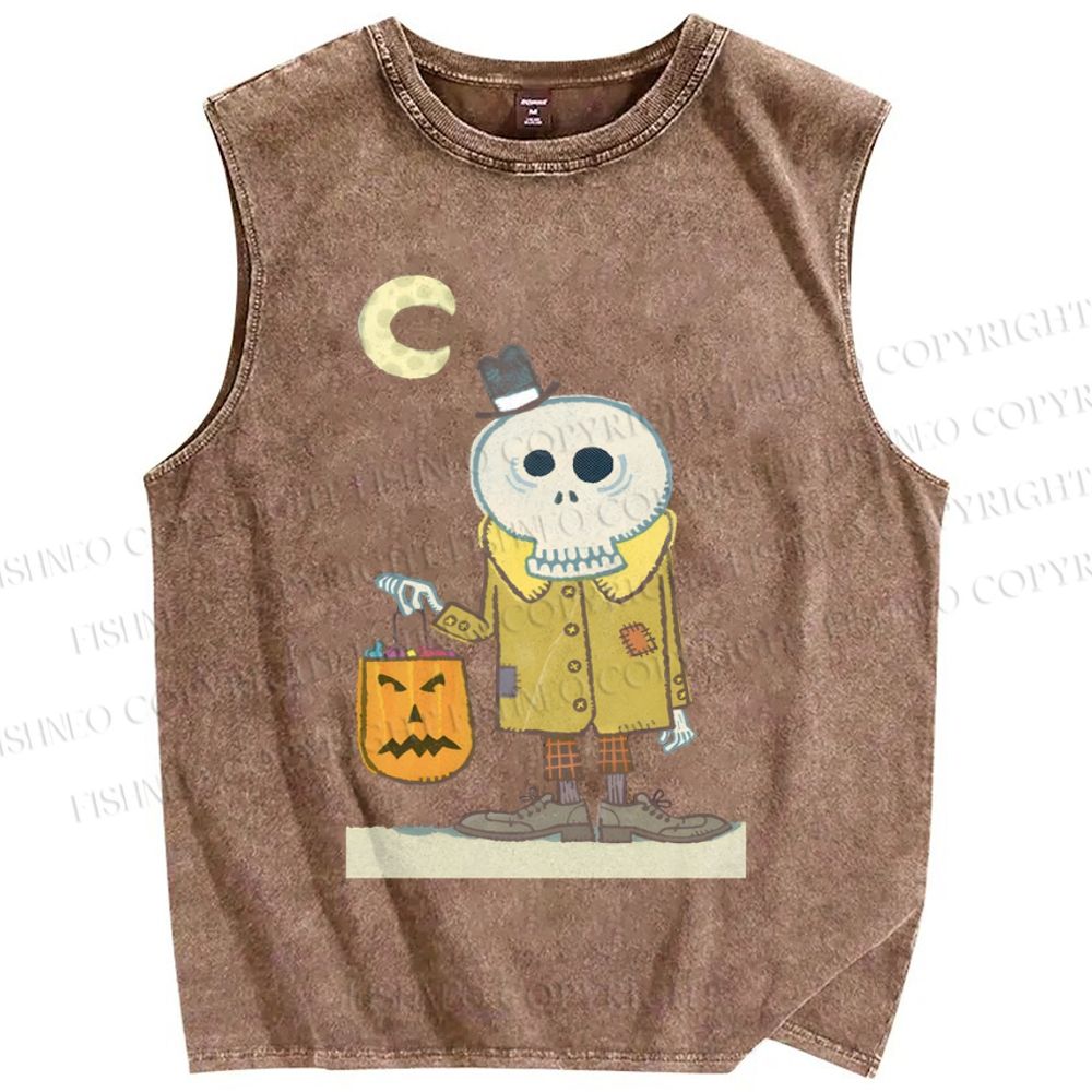 Unisex Vintage Halloween Skull Printed Washed Tank Top