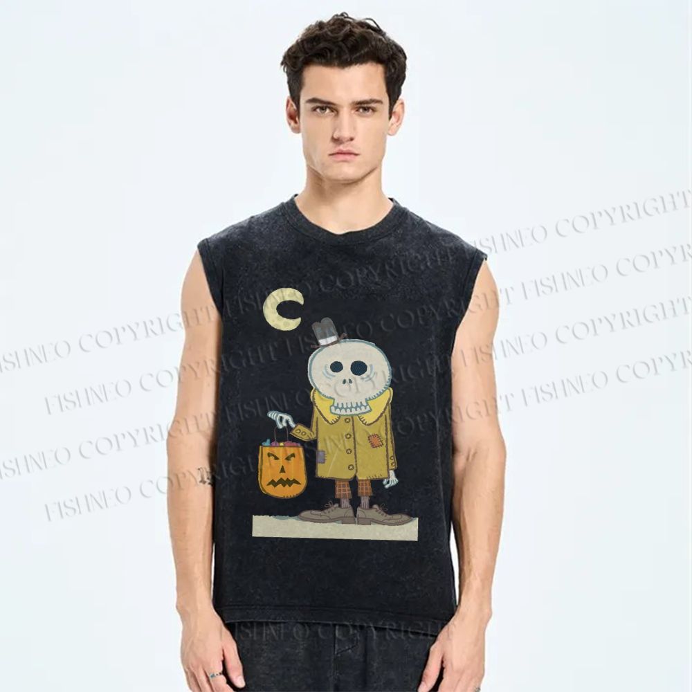 Unisex Vintage Halloween Skull Printed Washed Tank Top