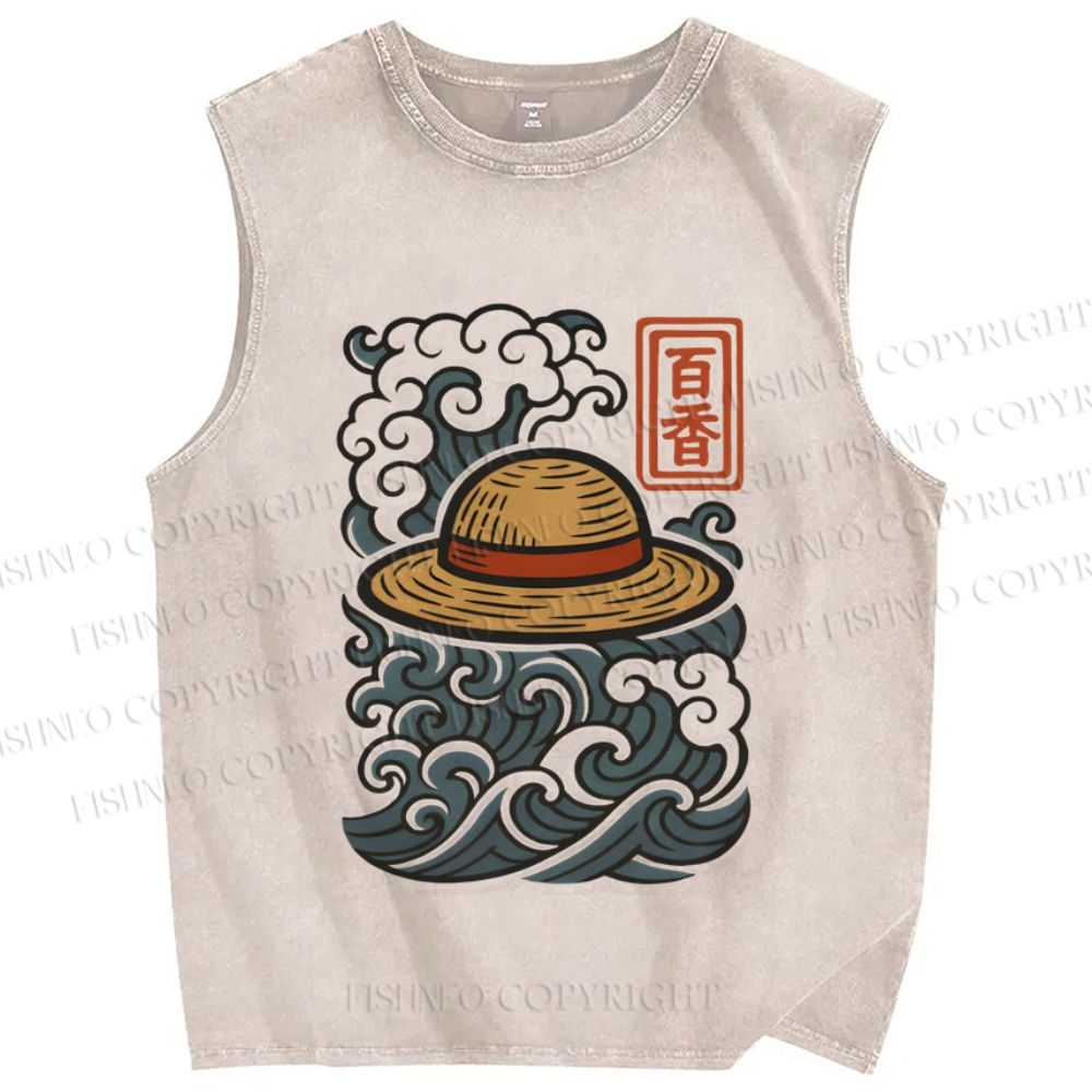 Unisex Vintage Japanese Wave Printed Washed Tank Top