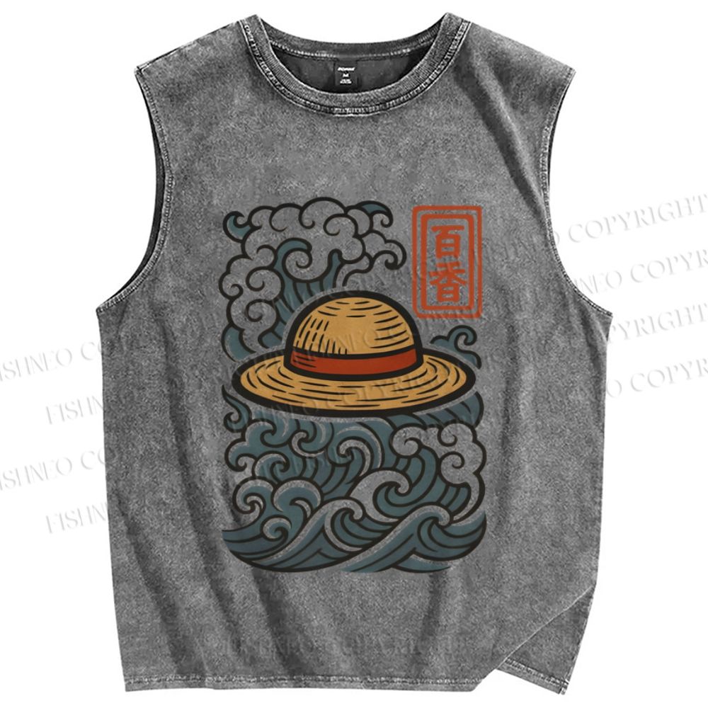 Unisex Vintage Japanese Wave Printed Washed Tank Top