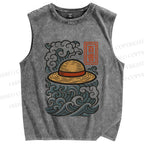 Unisex Vintage Japanese Wave Printed Washed Tank Top