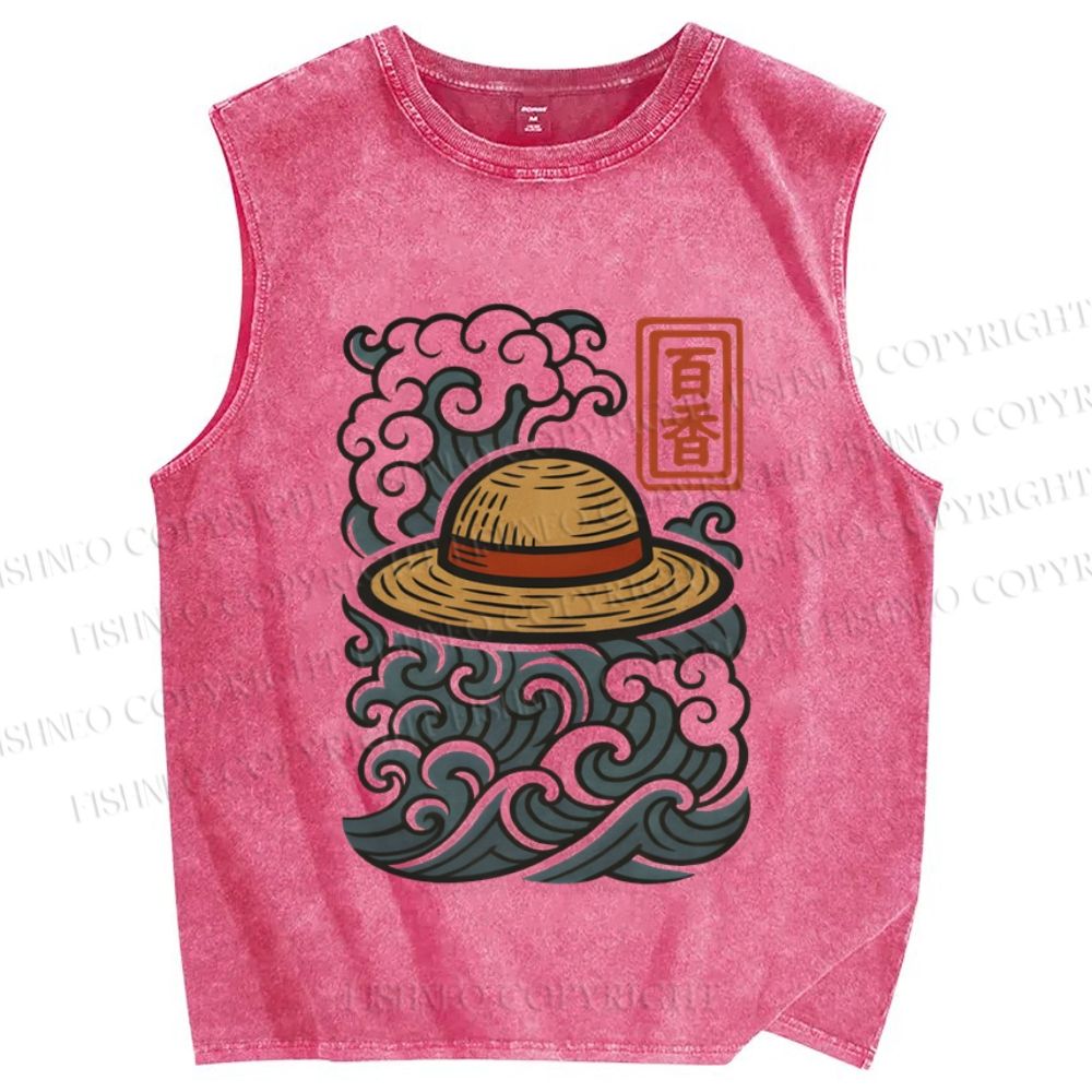 Unisex Vintage Japanese Wave Printed Washed Tank Top