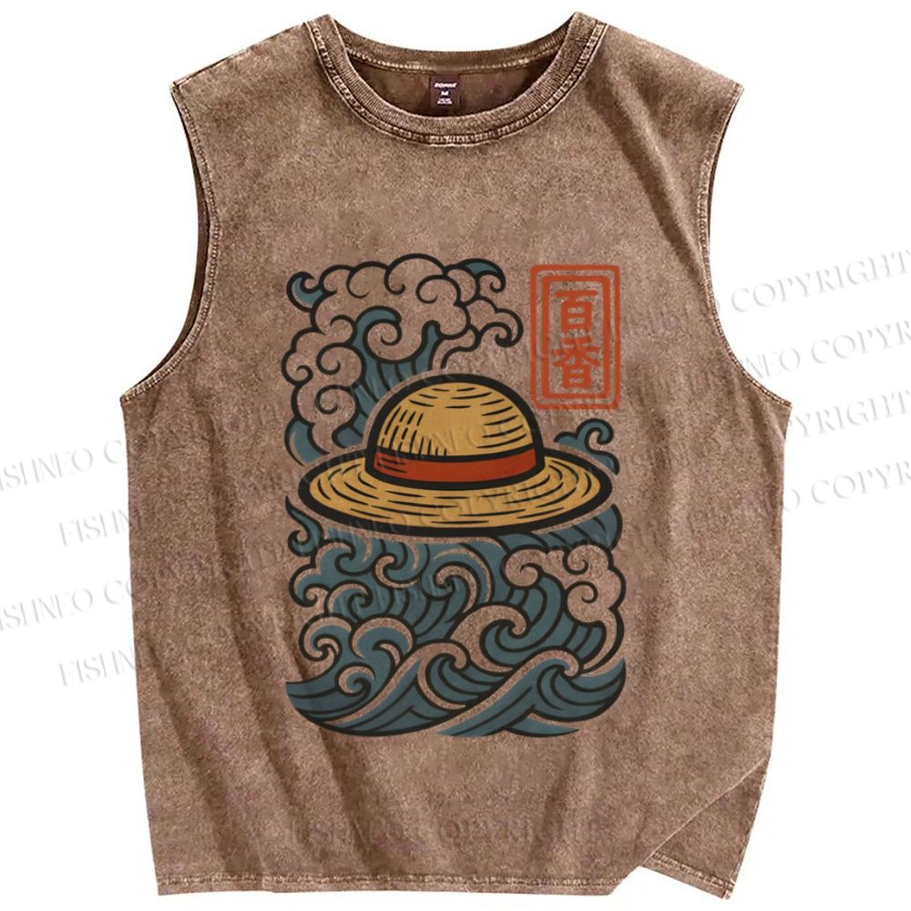 Unisex Vintage Japanese Wave Printed Washed Tank Top