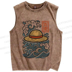 Unisex Vintage Japanese Wave Printed Washed Tank Top