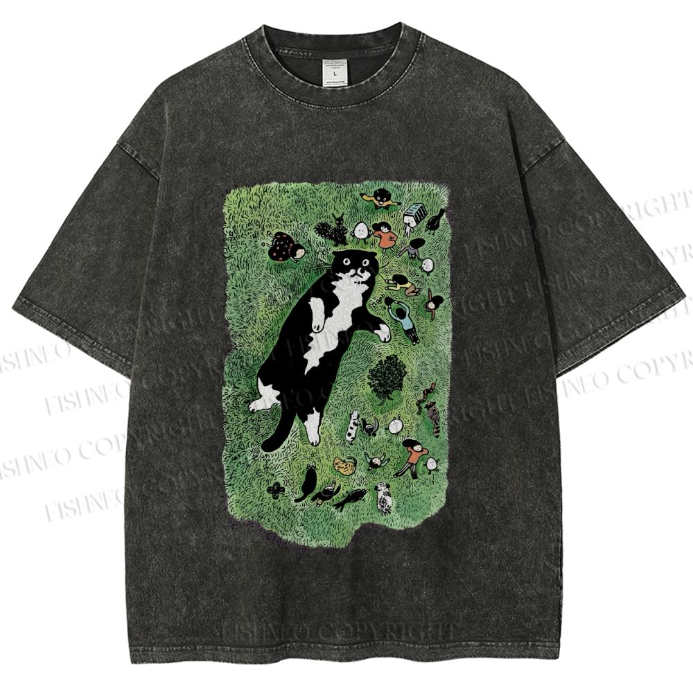 Unisex Cute Cat Graffiti Printed Washed Tee