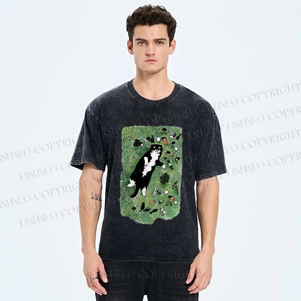 Unisex Cute Cat Graffiti Printed Washed Tee