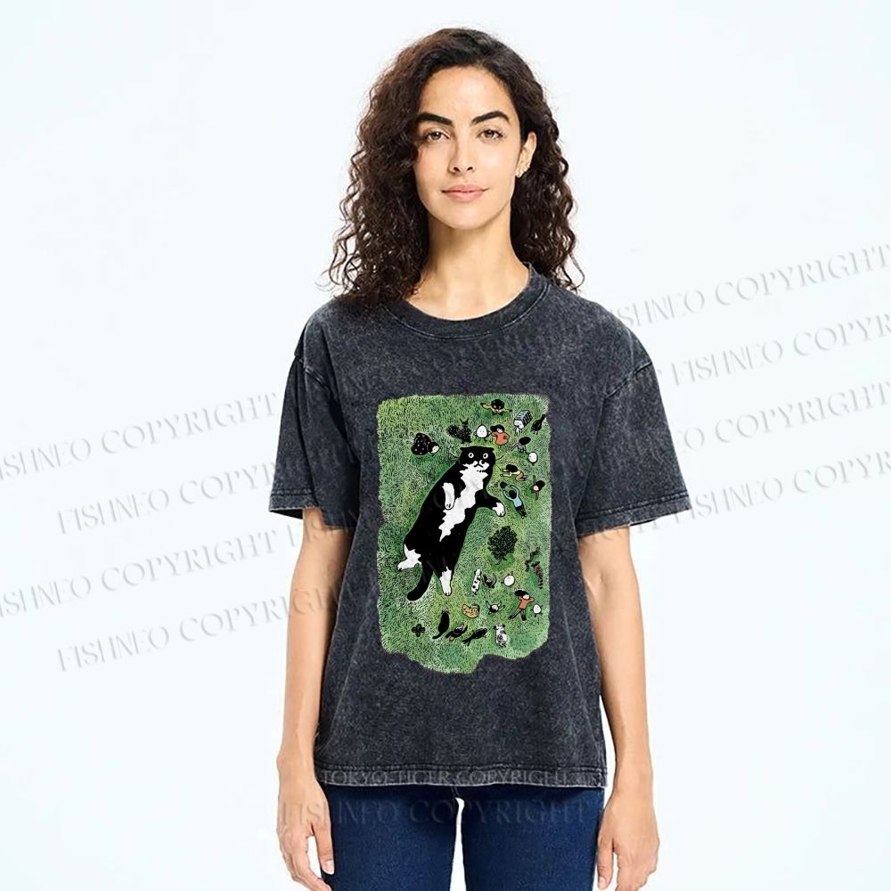 Unisex Cute Cat Graffiti Printed Washed Tee