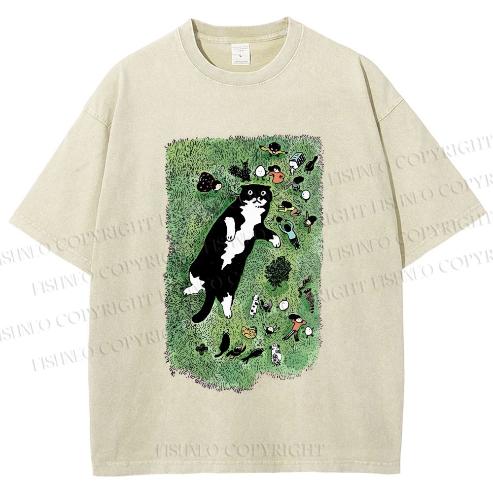 Unisex Cute Cat Graffiti Printed Washed Tee