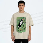 Unisex Cute Cat Graffiti Printed Washed Tee