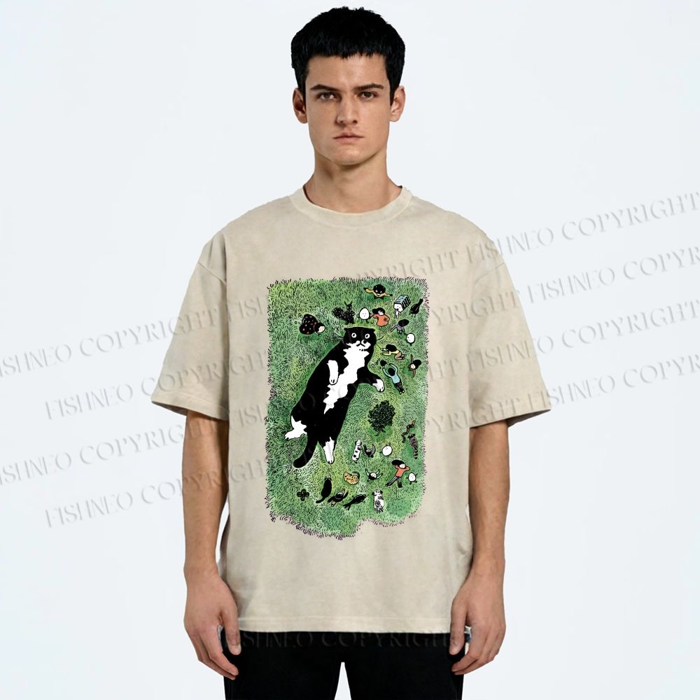 Unisex Cute Cat Graffiti Printed Washed Tee