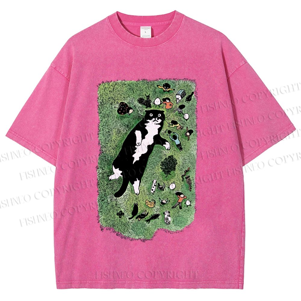 Unisex Cute Cat Graffiti Printed Washed Tee